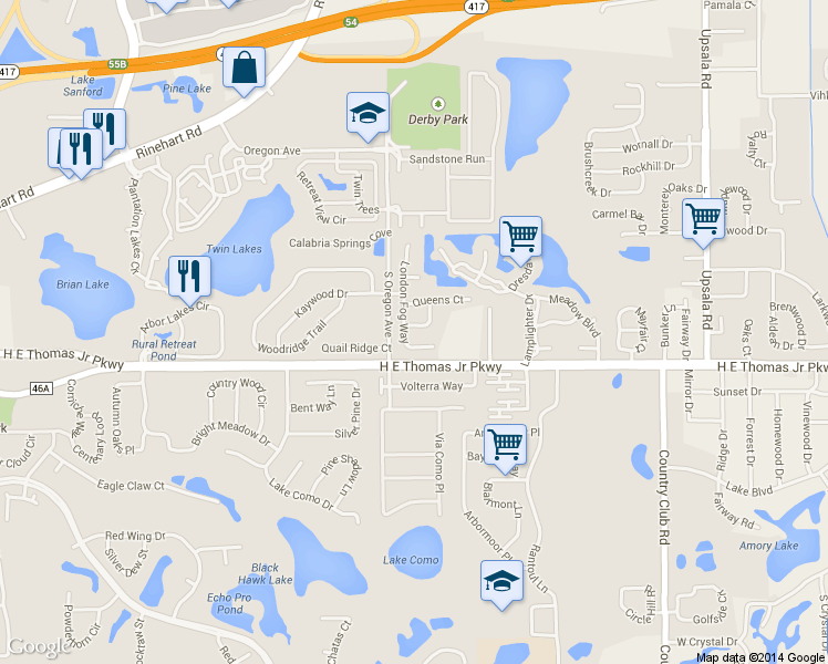 map of restaurants, bars, coffee shops, grocery stores, and more near 134 London Fog Way in Sanford