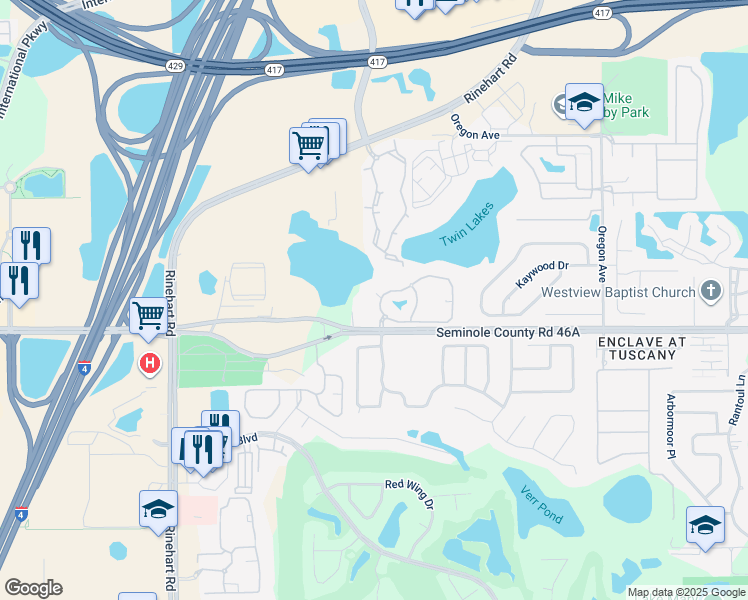 map of restaurants, bars, coffee shops, grocery stores, and more near 412 Arbor Lakes Circle in Sanford