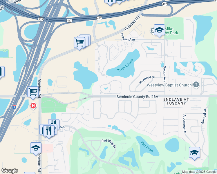 map of restaurants, bars, coffee shops, grocery stores, and more near 2715 White Magnolia Way in Sanford