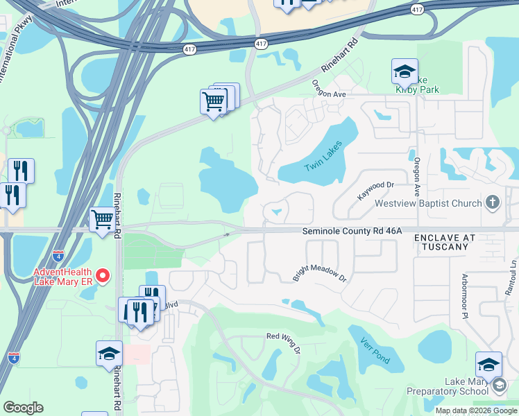 map of restaurants, bars, coffee shops, grocery stores, and more near 423 Arbor Lakes Circle in Sanford