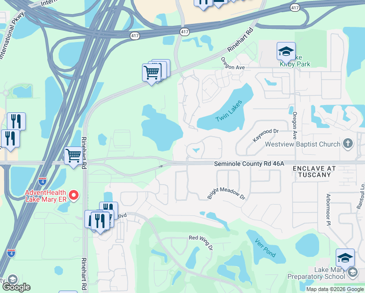 map of restaurants, bars, coffee shops, grocery stores, and more near 412 Arbor Lakes Circle in Sanford