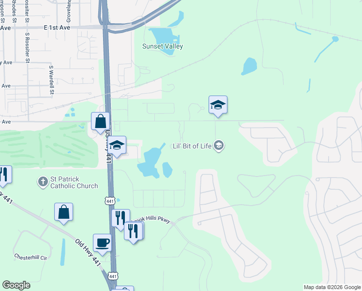 map of restaurants, bars, coffee shops, grocery stores, and more near 2600 Robie Avenue in Mount Dora