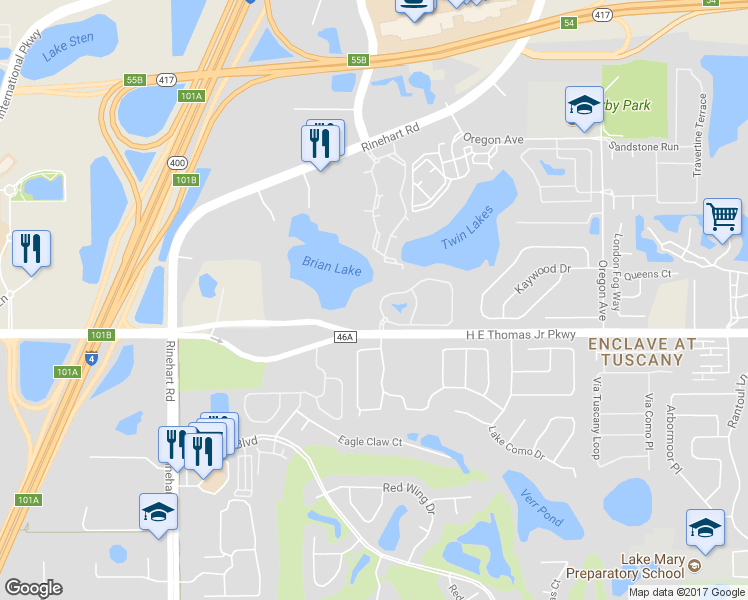 map of restaurants, bars, coffee shops, grocery stores, and more near 412 Arbor Lakes Circle in Sanford