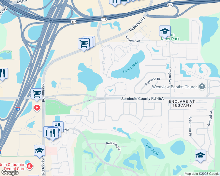 map of restaurants, bars, coffee shops, grocery stores, and more near 814 Arbor Lakes Circle in Sanford