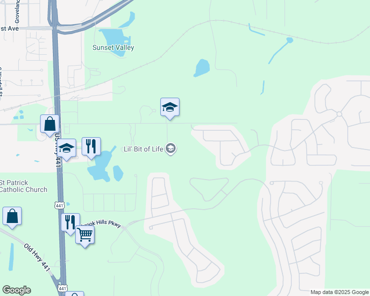 map of restaurants, bars, coffee shops, grocery stores, and more near 30323 Cheval Street in Mount Dora
