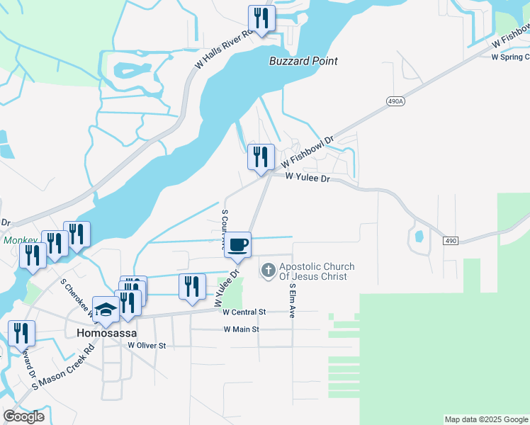 map of restaurants, bars, coffee shops, grocery stores, and more near 10350 West Yulee Drive in Homosassa