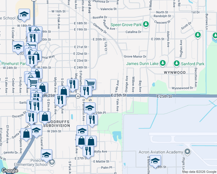 map of restaurants, bars, coffee shops, grocery stores, and more near 2432 Princeton Avenue in Sanford