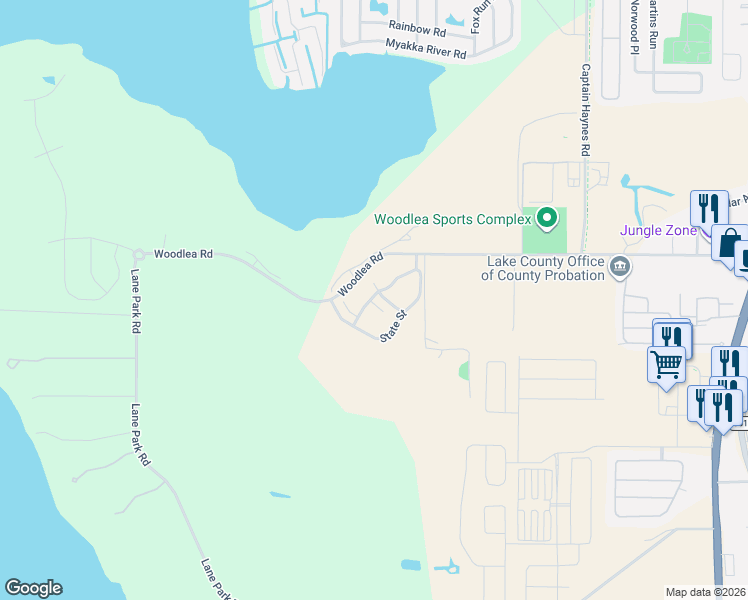 map of restaurants, bars, coffee shops, grocery stores, and more near 1553 Sunshine Parkway in Tavares