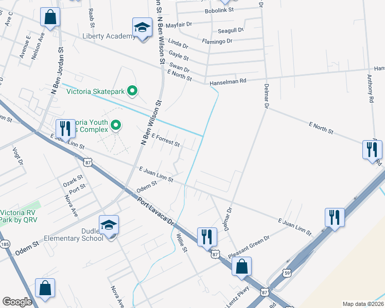 map of restaurants, bars, coffee shops, grocery stores, and more near 3803 East Forrest Street in Victoria