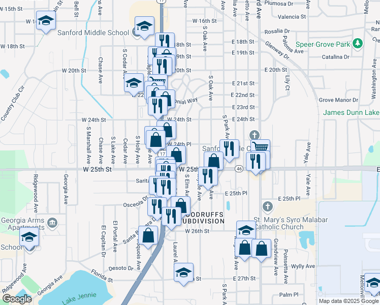 map of restaurants, bars, coffee shops, grocery stores, and more near 2428 Myrtle Avenue in Sanford