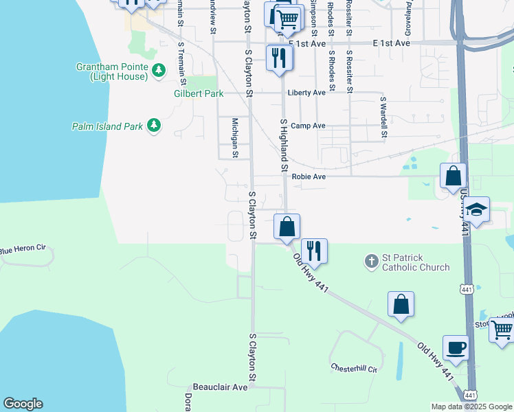 map of restaurants, bars, coffee shops, grocery stores, and more near 1051 S Highland St in Mt Dora