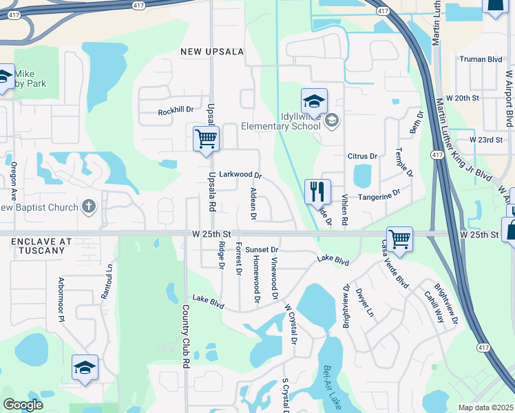 map of restaurants, bars, coffee shops, grocery stores, and more near 118 Aldean Drive in Sanford
