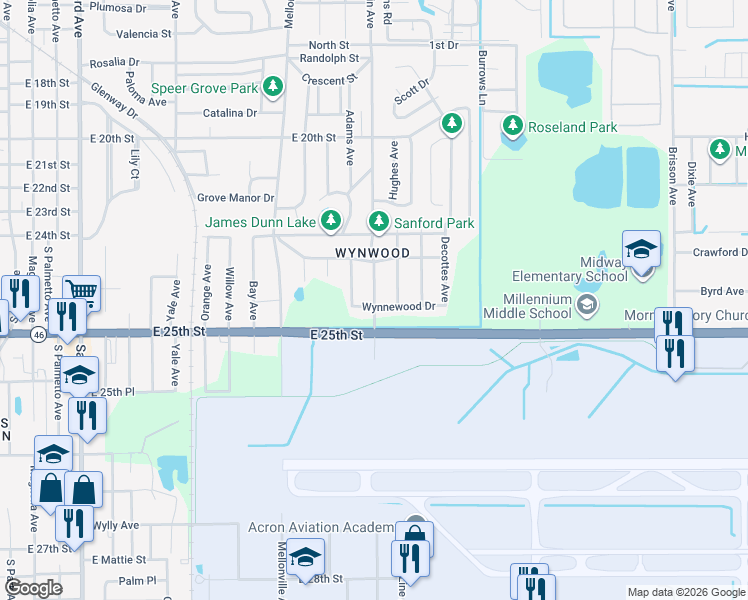 map of restaurants, bars, coffee shops, grocery stores, and more near 2424 Summerlin Avenue in Sanford