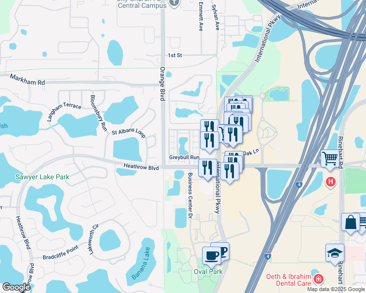 map of restaurants, bars, coffee shops, grocery stores, and more near 1488 Lake George Drive in Lake Mary