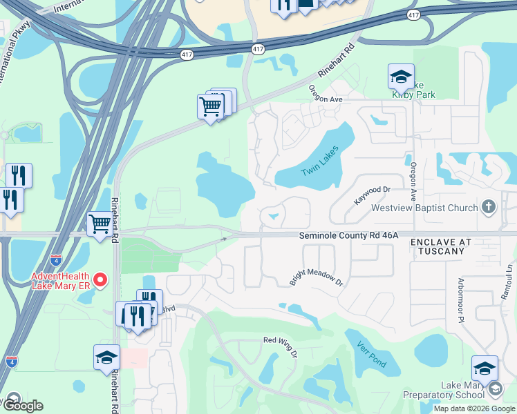 map of restaurants, bars, coffee shops, grocery stores, and more near 412 Arbor Lakes Circle in Sanford