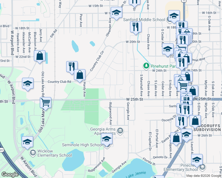 map of restaurants, bars, coffee shops, grocery stores, and more near 118 Club Road in Sanford