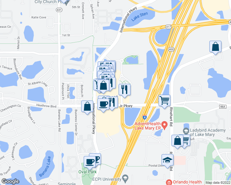 map of restaurants, bars, coffee shops, grocery stores, and more near 850 Village Oak Lane in Lake Mary