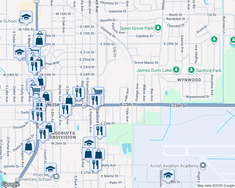 map of restaurants, bars, coffee shops, grocery stores, and more near 2432 Princeton Avenue in Sanford