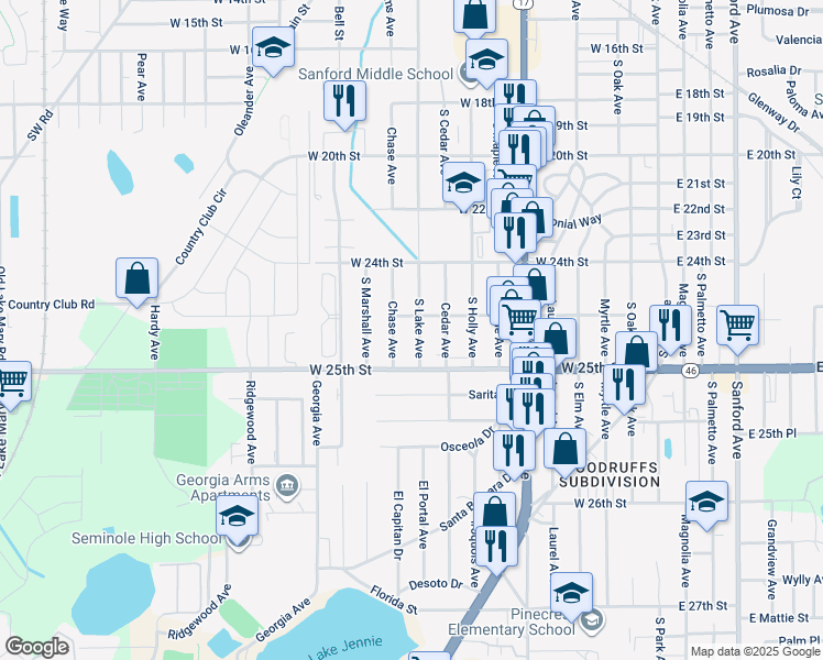map of restaurants, bars, coffee shops, grocery stores, and more near 2424 South Lake Avenue in Sanford