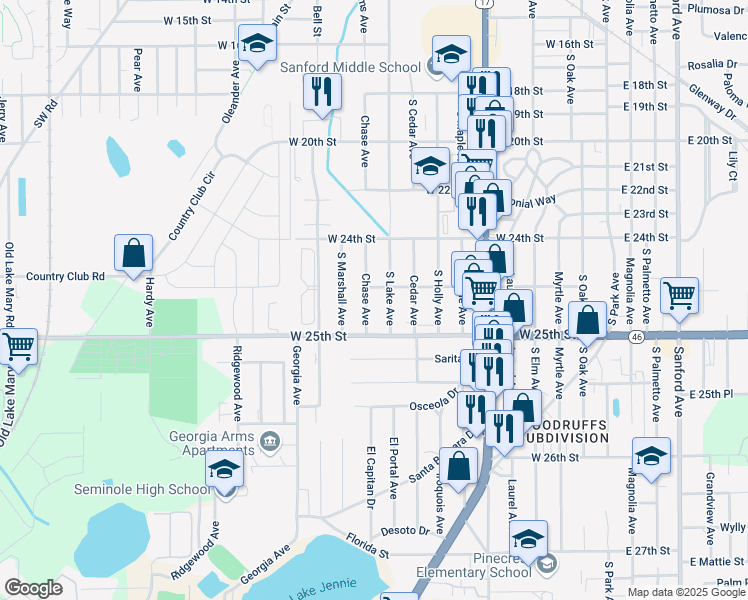 map of restaurants, bars, coffee shops, grocery stores, and more near 2424 South Lake Avenue in Sanford