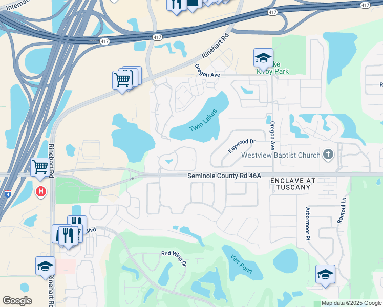 map of restaurants, bars, coffee shops, grocery stores, and more near 1411 Arbor Lakes Circle in Sanford