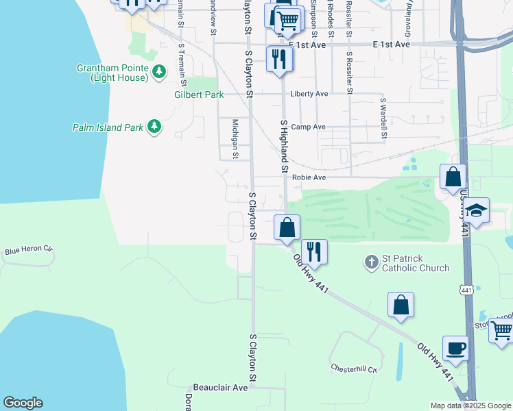 map of restaurants, bars, coffee shops, grocery stores, and more near 1112 South Clayton Street in Mount Dora