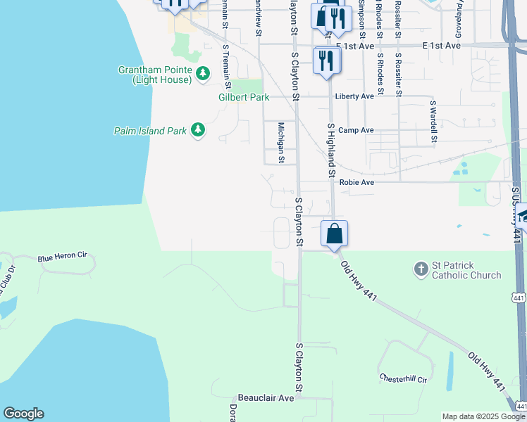 map of restaurants, bars, coffee shops, grocery stores, and more near 570 Chautauqua Drive in Mount Dora