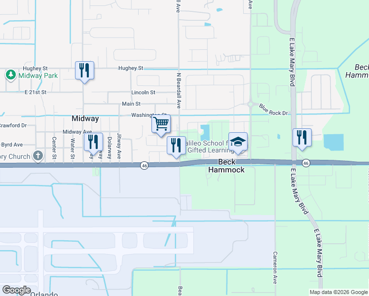 map of restaurants, bars, coffee shops, grocery stores, and more near 2450 Beardall Avenue in Sanford