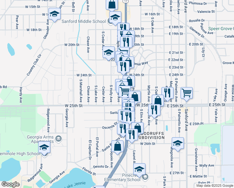 map of restaurants, bars, coffee shops, grocery stores, and more near 2428 South Maple Avenue in Sanford