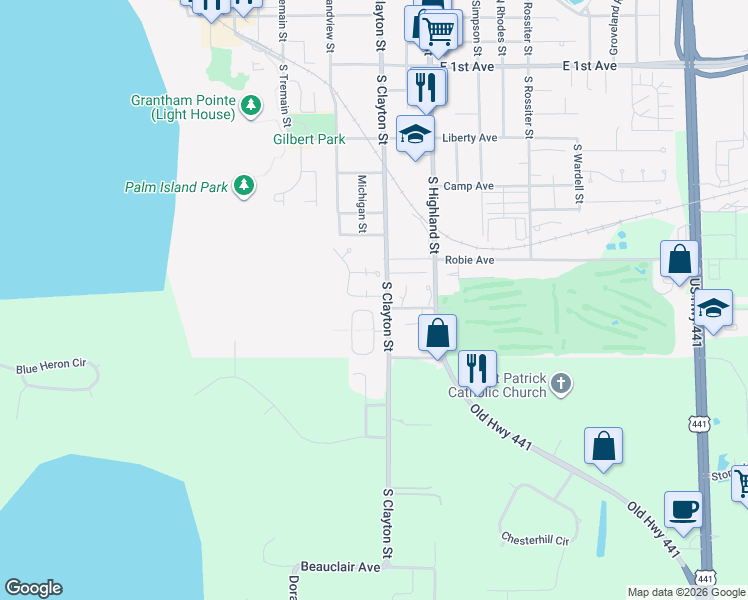 map of restaurants, bars, coffee shops, grocery stores, and more near 610 Chautauqua Drive in Mount Dora