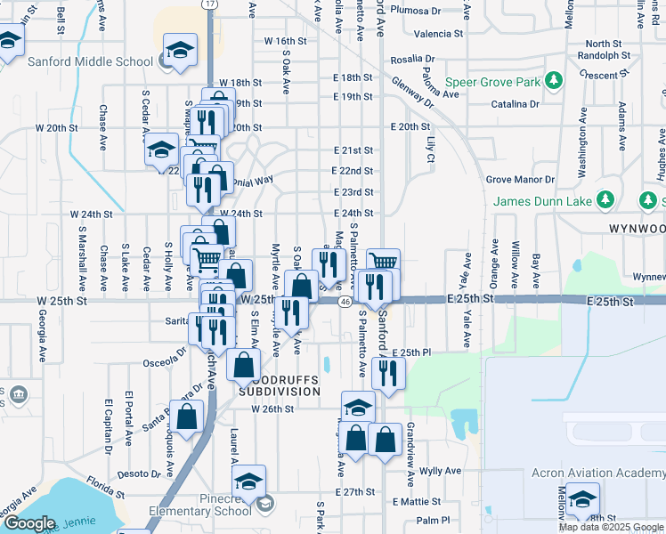 map of restaurants, bars, coffee shops, grocery stores, and more near 2453 South Park Avenue in Sanford