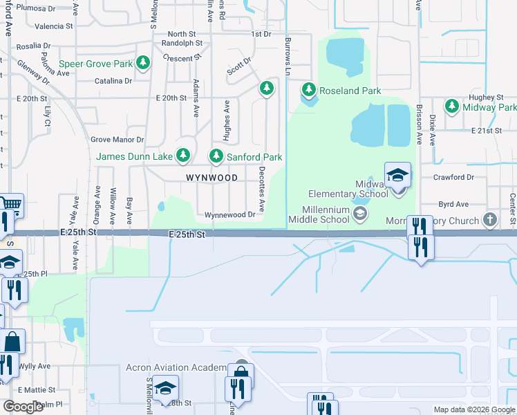 map of restaurants, bars, coffee shops, grocery stores, and more near 2416 Decottes Avenue in Sanford
