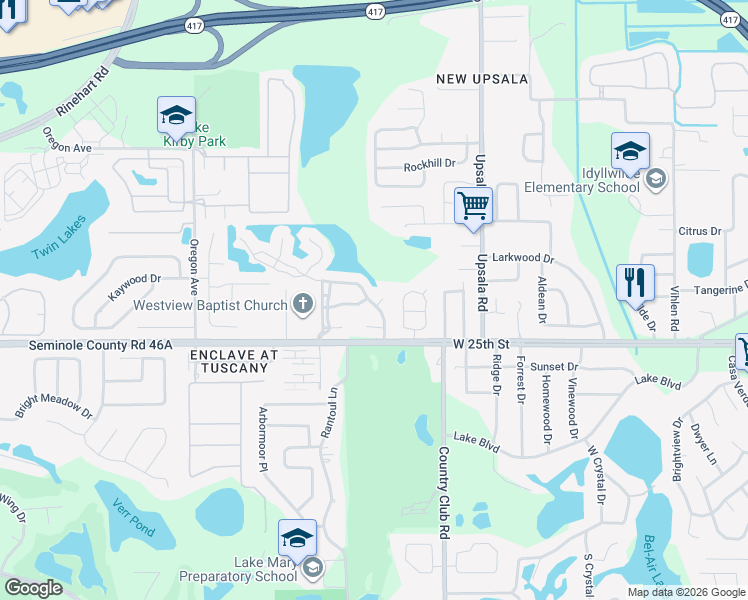 map of restaurants, bars, coffee shops, grocery stores, and more near 100 Yorktown Place in Sanford