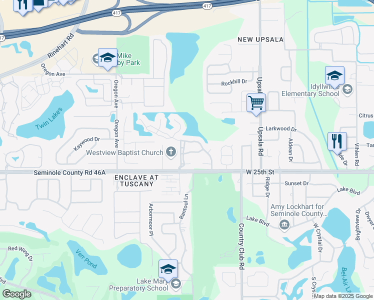 map of restaurants, bars, coffee shops, grocery stores, and more near 102 Winterglen Drive in Sanford