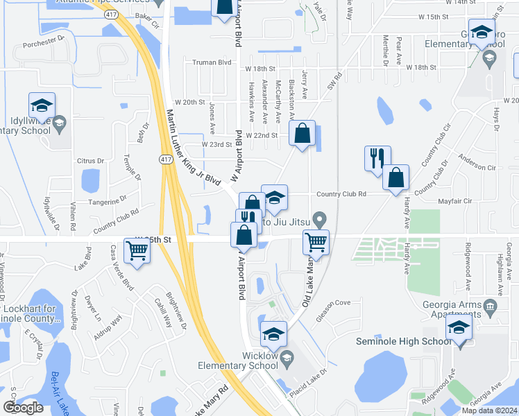 map of restaurants, bars, coffee shops, grocery stores, and more near 1780 West Airport Boulevard in Sanford