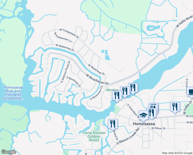 map of restaurants, bars, coffee shops, grocery stores, and more near 11435 West Riverhaven Drive in Homosassa