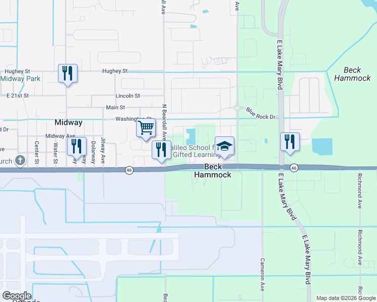 map of restaurants, bars, coffee shops, grocery stores, and more near 2305 Beardall Avenue in Sanford