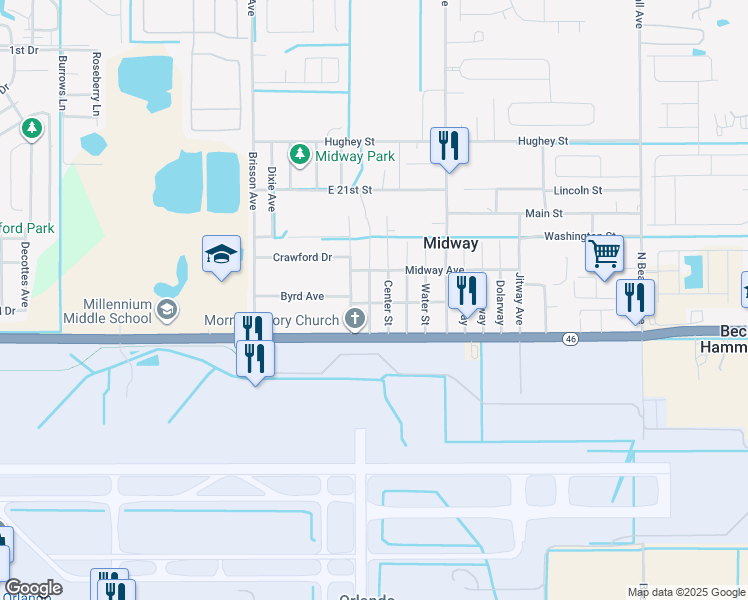 map of restaurants, bars, coffee shops, grocery stores, and more near 2391 Church Street in Sanford