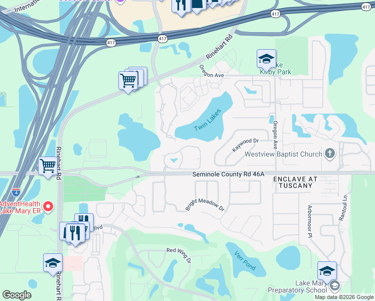 map of restaurants, bars, coffee shops, grocery stores, and more near 1212 Arbor Lakes Circle in Sanford