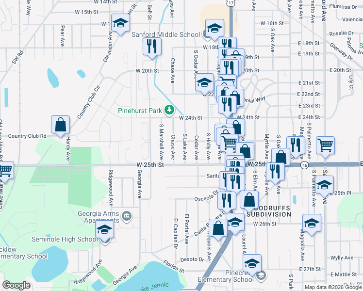 map of restaurants, bars, coffee shops, grocery stores, and more near 2424 South Lake Avenue in Sanford