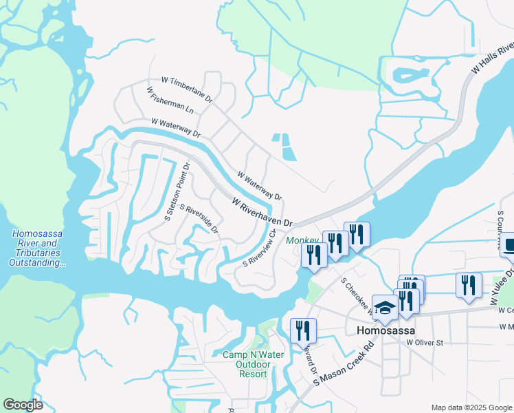 map of restaurants, bars, coffee shops, grocery stores, and more near 11435 West Riverhaven Drive in Homosassa