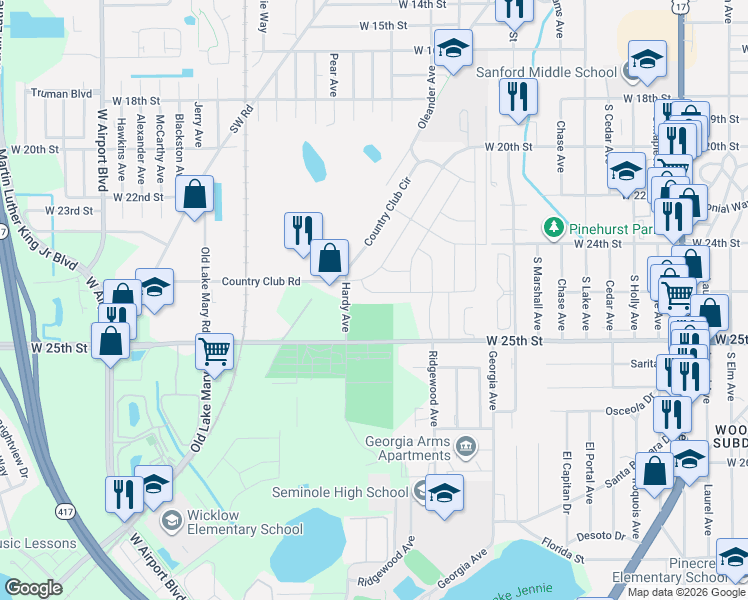 map of restaurants, bars, coffee shops, grocery stores, and more near 105 Mayfair Circle in Sanford