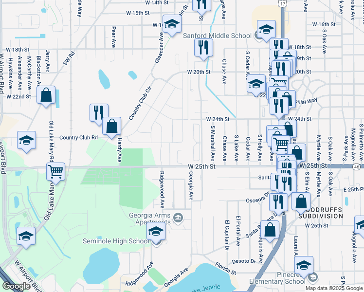 map of restaurants, bars, coffee shops, grocery stores, and more near 145 Mayfair Circle in Sanford