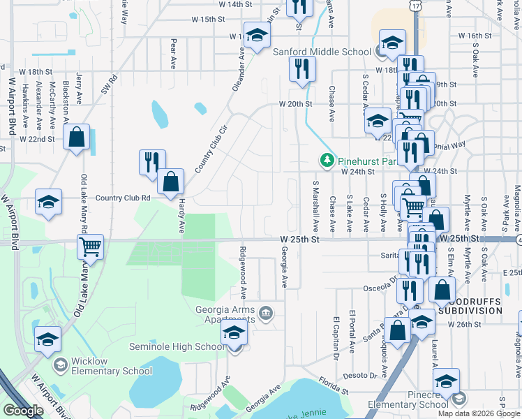 map of restaurants, bars, coffee shops, grocery stores, and more near 145 Mayfair Circle in Sanford