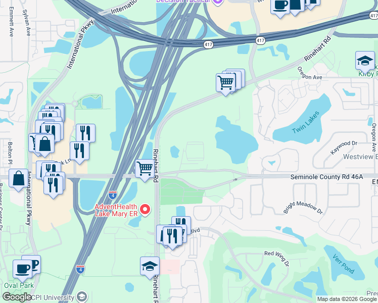map of restaurants, bars, coffee shops, grocery stores, and more near 5000 Solara Circle in Sanford
