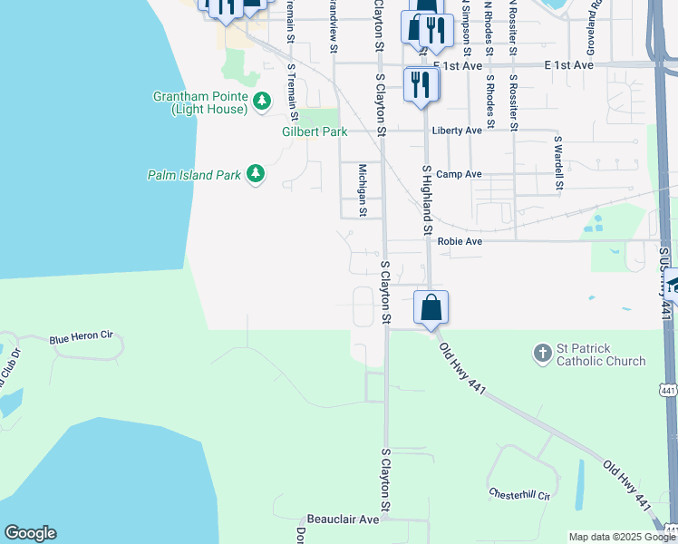 map of restaurants, bars, coffee shops, grocery stores, and more near 570 Chautauqua Drive in Mount Dora