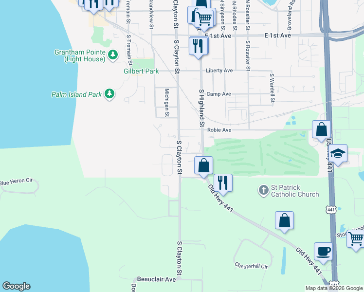 map of restaurants, bars, coffee shops, grocery stores, and more near 1112 South Clayton Street in Mount Dora