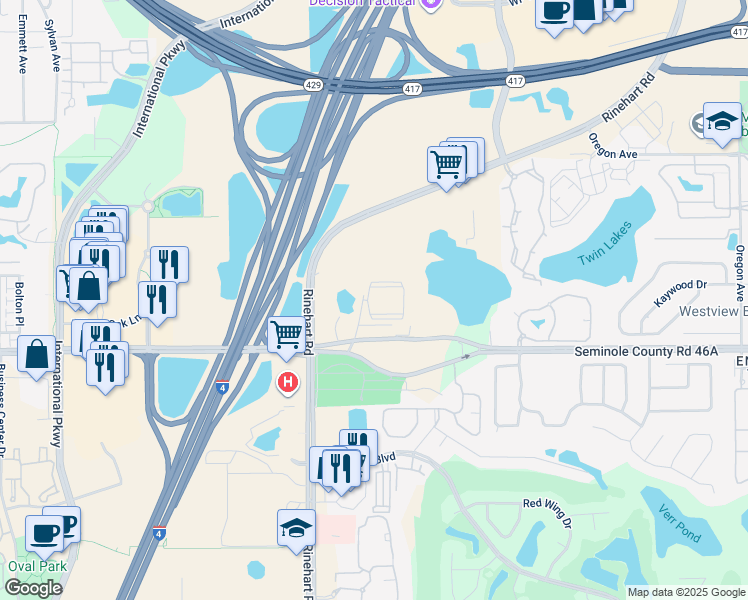 map of restaurants, bars, coffee shops, grocery stores, and more near 5000 Solara Circle in Sanford