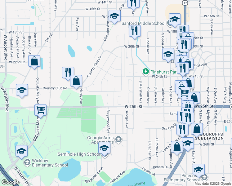 map of restaurants, bars, coffee shops, grocery stores, and more near 145 Mayfair Circle in Sanford