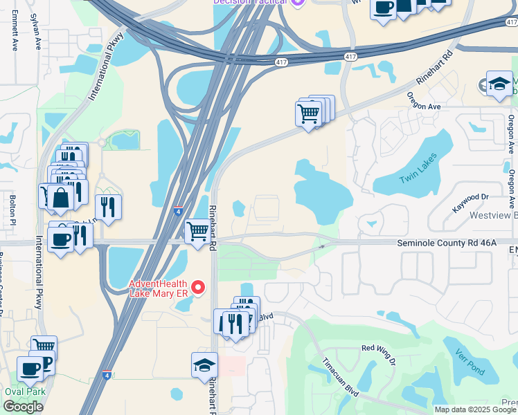 map of restaurants, bars, coffee shops, grocery stores, and more near 5000 Solara Circle in Sanford